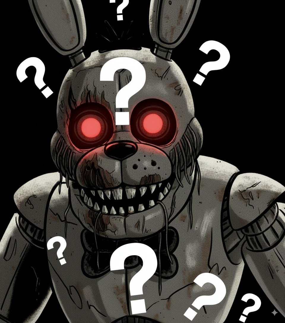 A terrifying animatronic with a giant nose, staring forward with an unsettling gaze in a dimly lit, abandoned-looking setting.